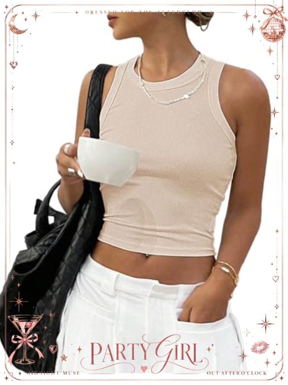 Rib Knit Cropped Tank Top High Neck Slim Fit Stretchy Basic Summer